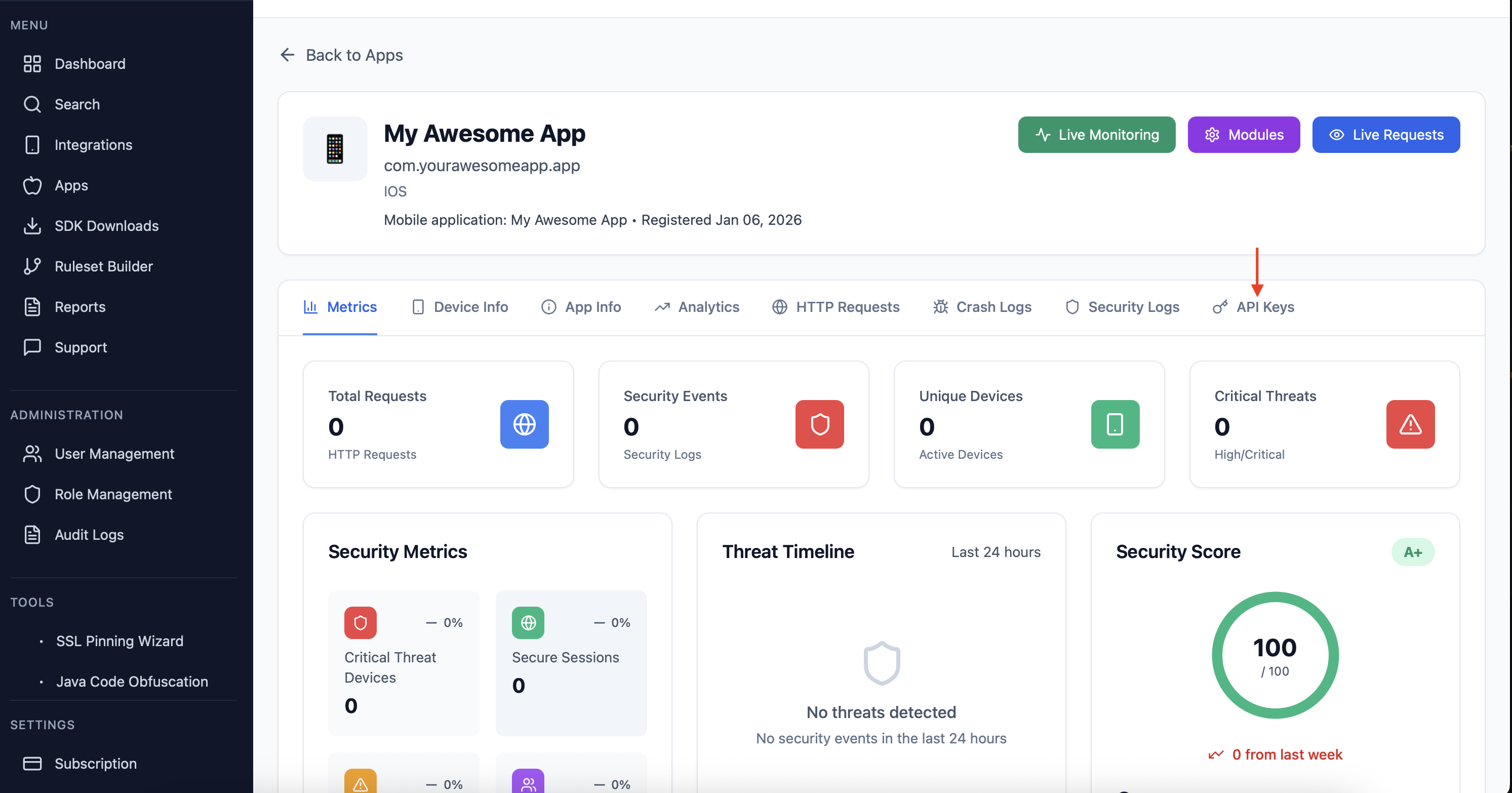 App dashboard and API keys section