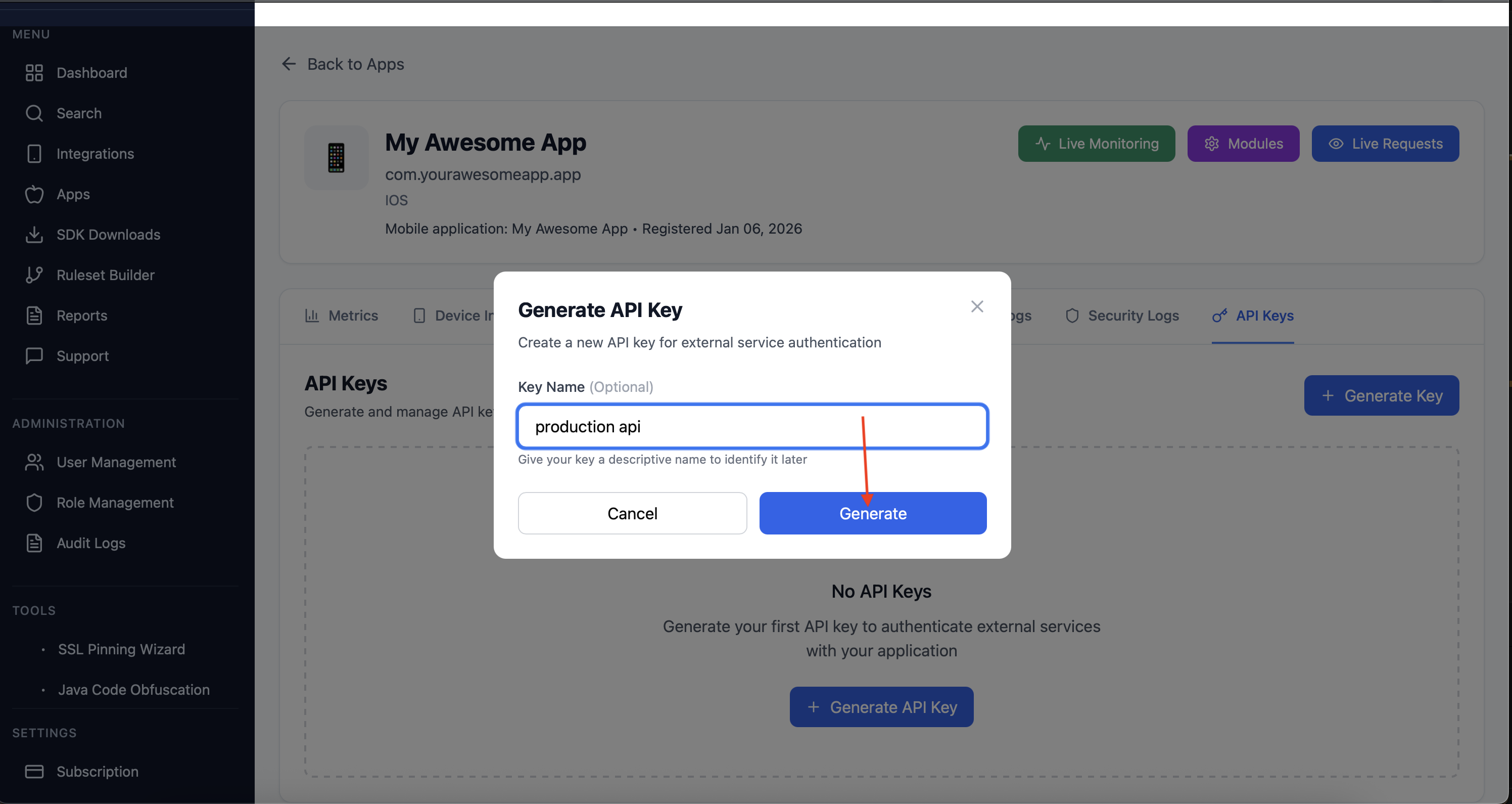 Name and generate API key