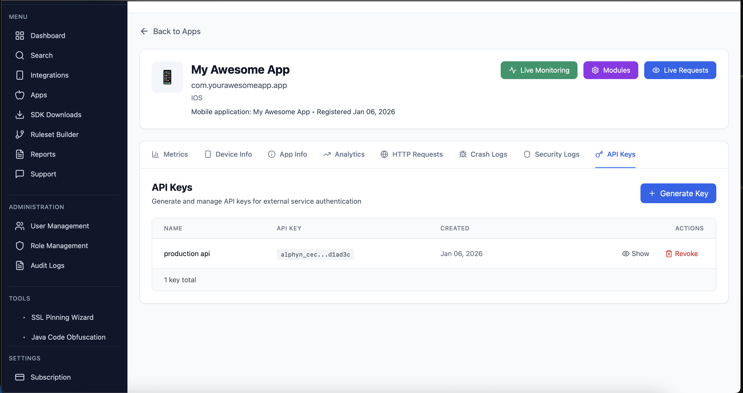 API key visible in list
